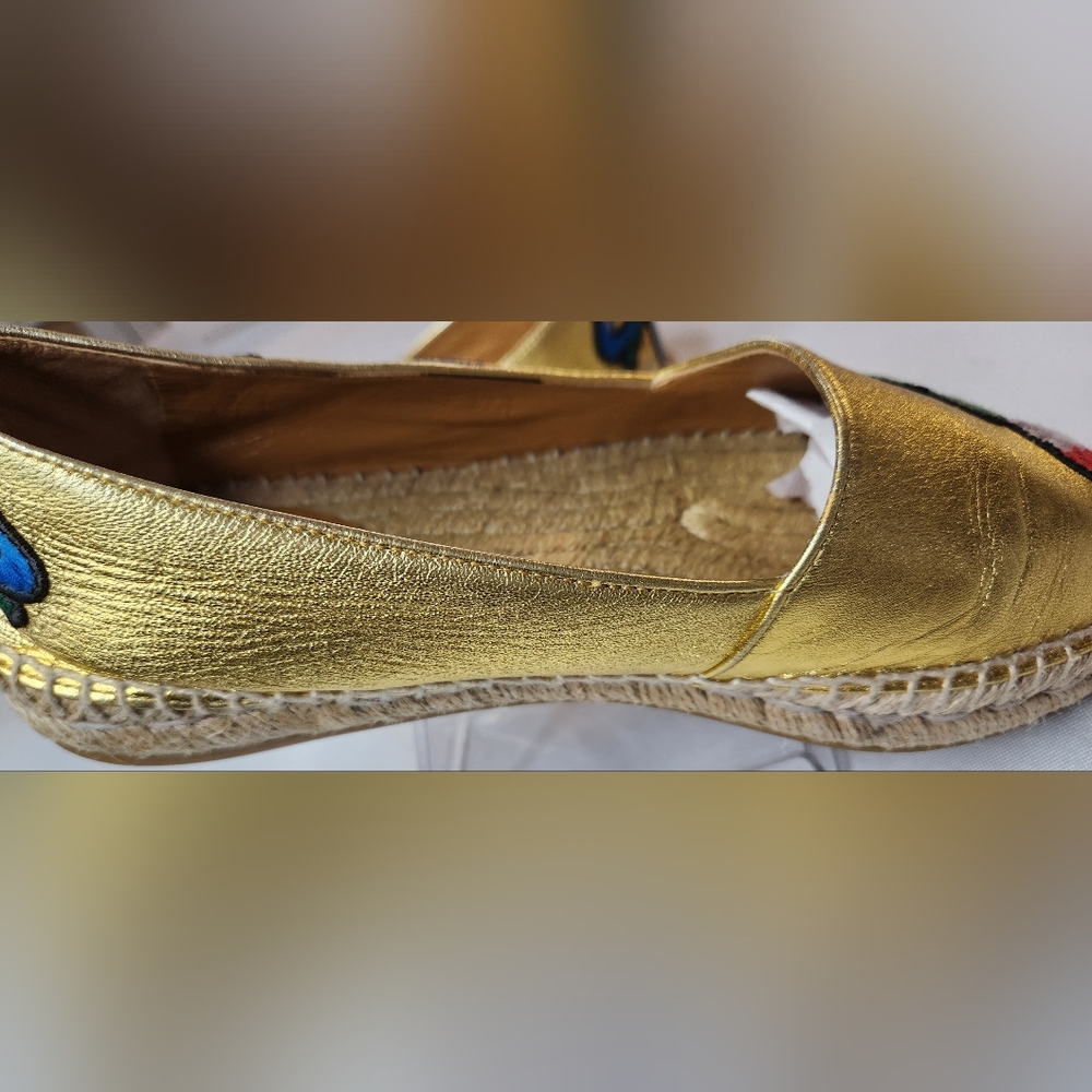 GUCCI  Pilar Leather Floral Embroidered Espadrilles Gold  Size 37.5 EU - Picture 5 of 16